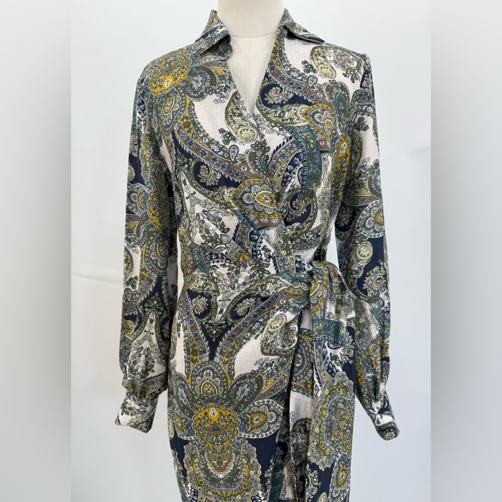 Magaschoni Sophisticated Paisley Belted Wrap Dress – Navy Gold Long Sleeve Midi - Picture 12 of 17